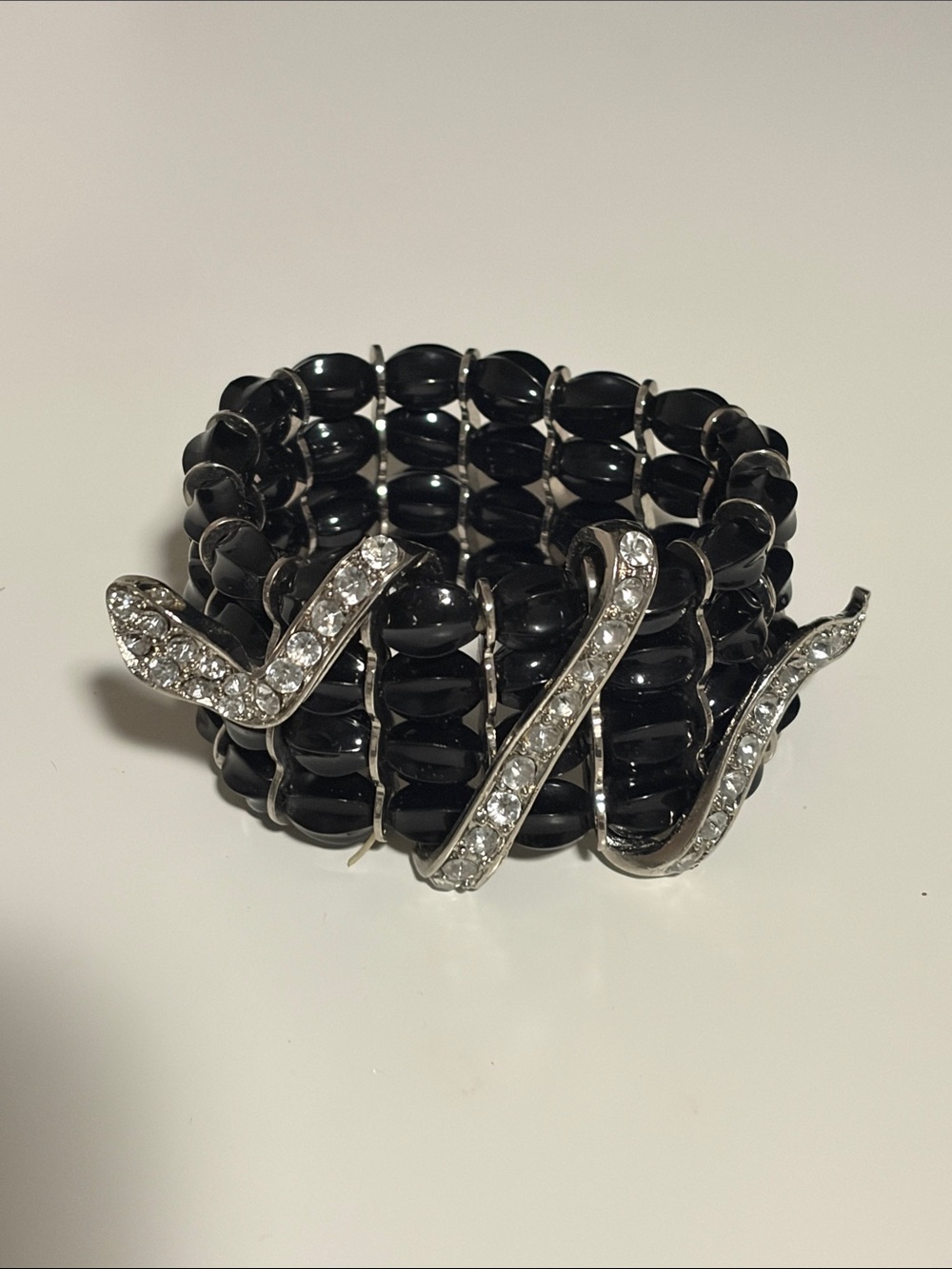 Black Beaded Stretch Bracelet with Crystal Snake detail